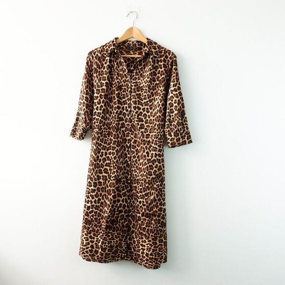 Leopard Casual Dress S ZARA BASIC Brown Button Up Belted Loose Career Party Y2K - Picture 1 of 15